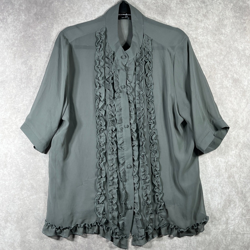 Norma Kamali Blouse Womens Size XL Gray Ruffle Trim Button Up Career Office Work
